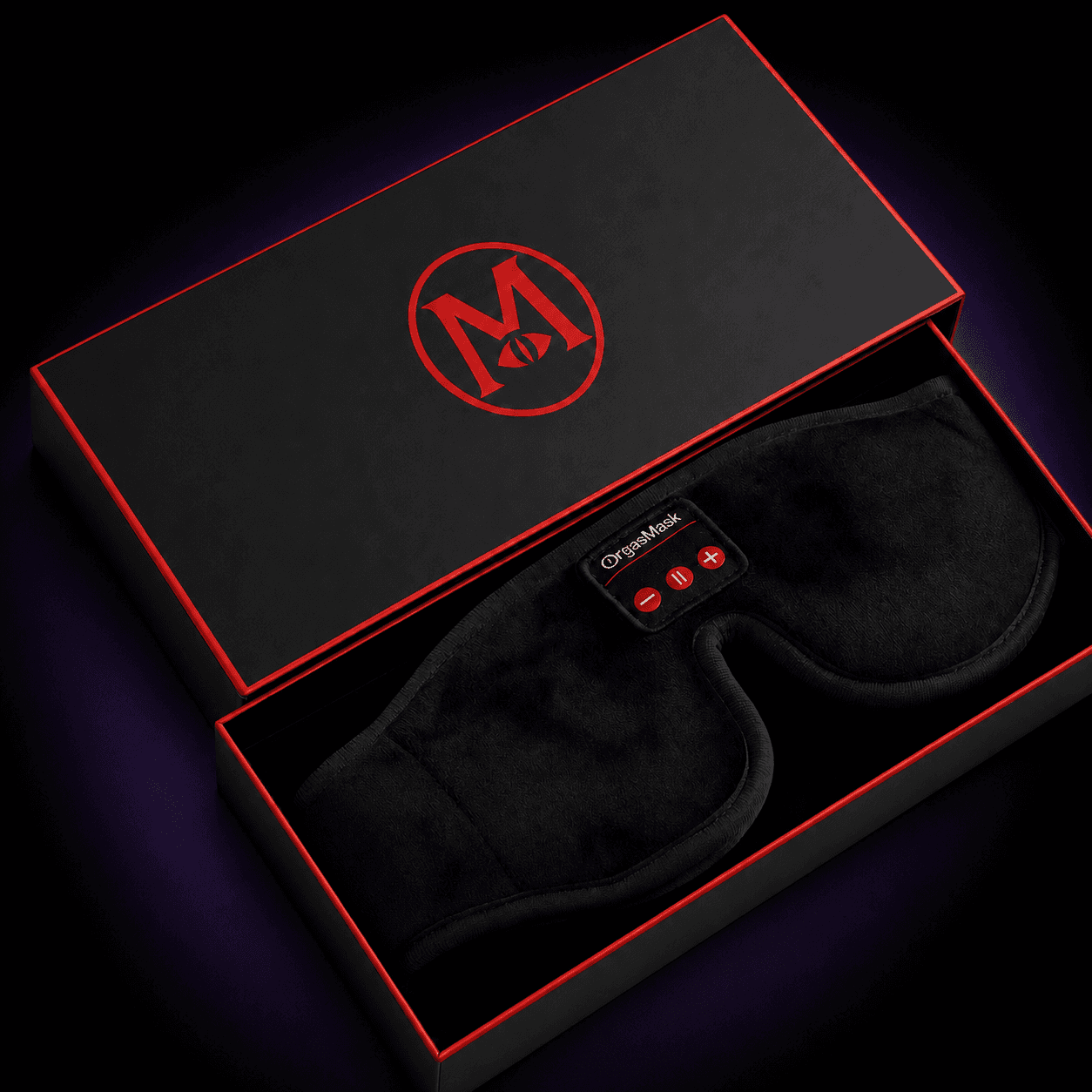 ORGASMASK blackout audio mask with amber studio lighting